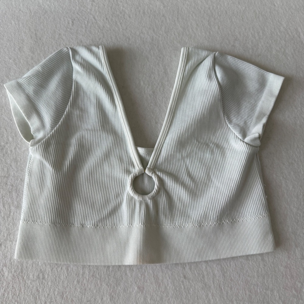 Aerie Ribbed O-Ring Deep V-Neck Crop Top Womens Large White